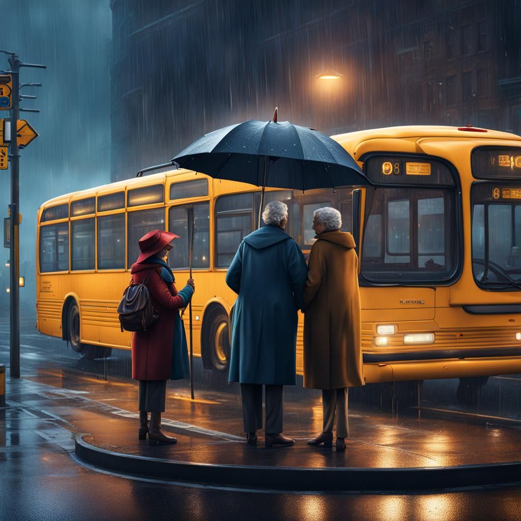 Family at Bus Stop in the Rain