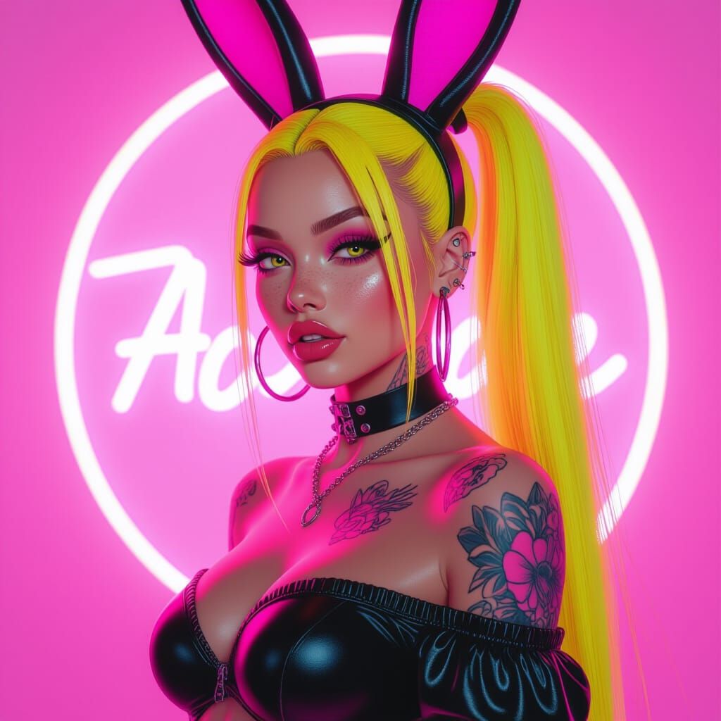Vibrant Neon Rabbit Lady: Matte Painting Style