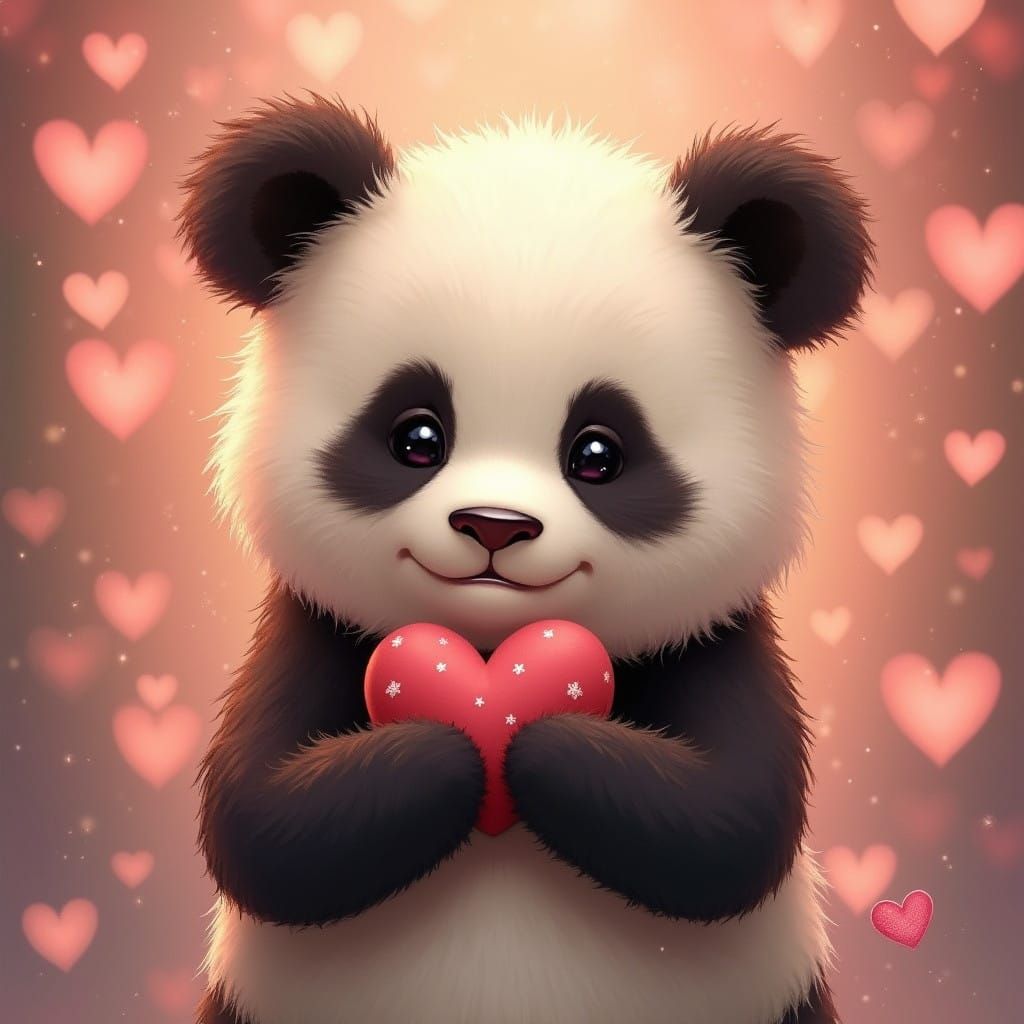 Whimsical Panda Embracing Warmth in Softly Lit Scene