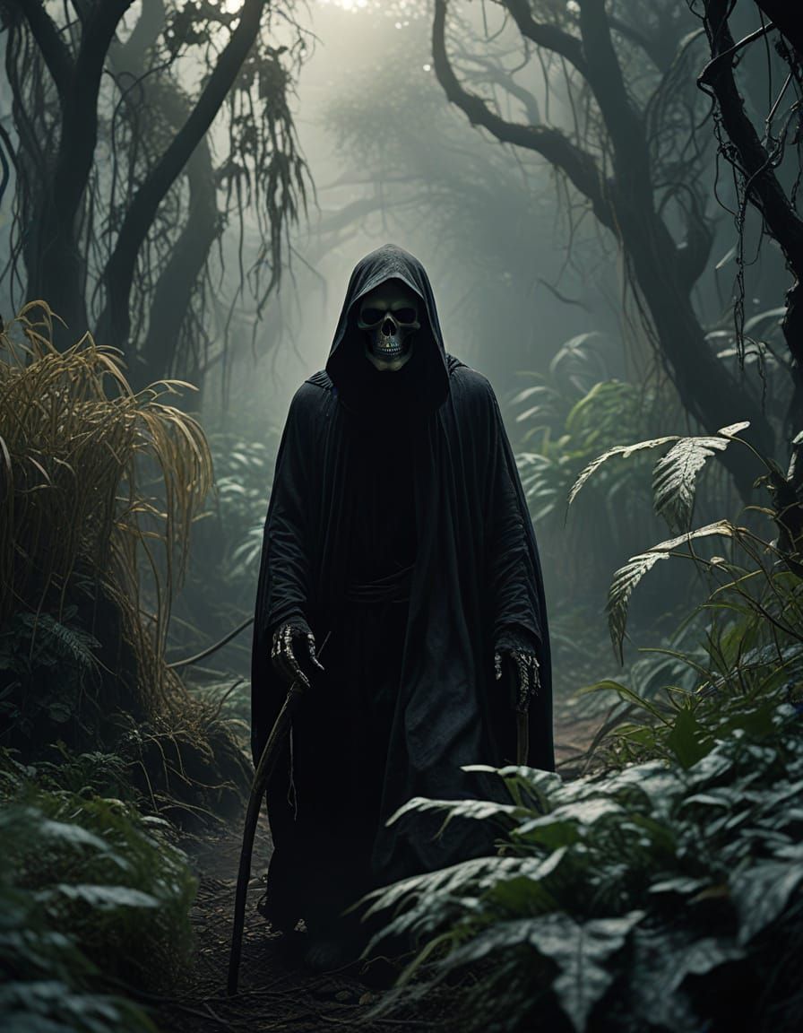 Grim Reaper Emerges from Jungle in Dark Fantasy Style