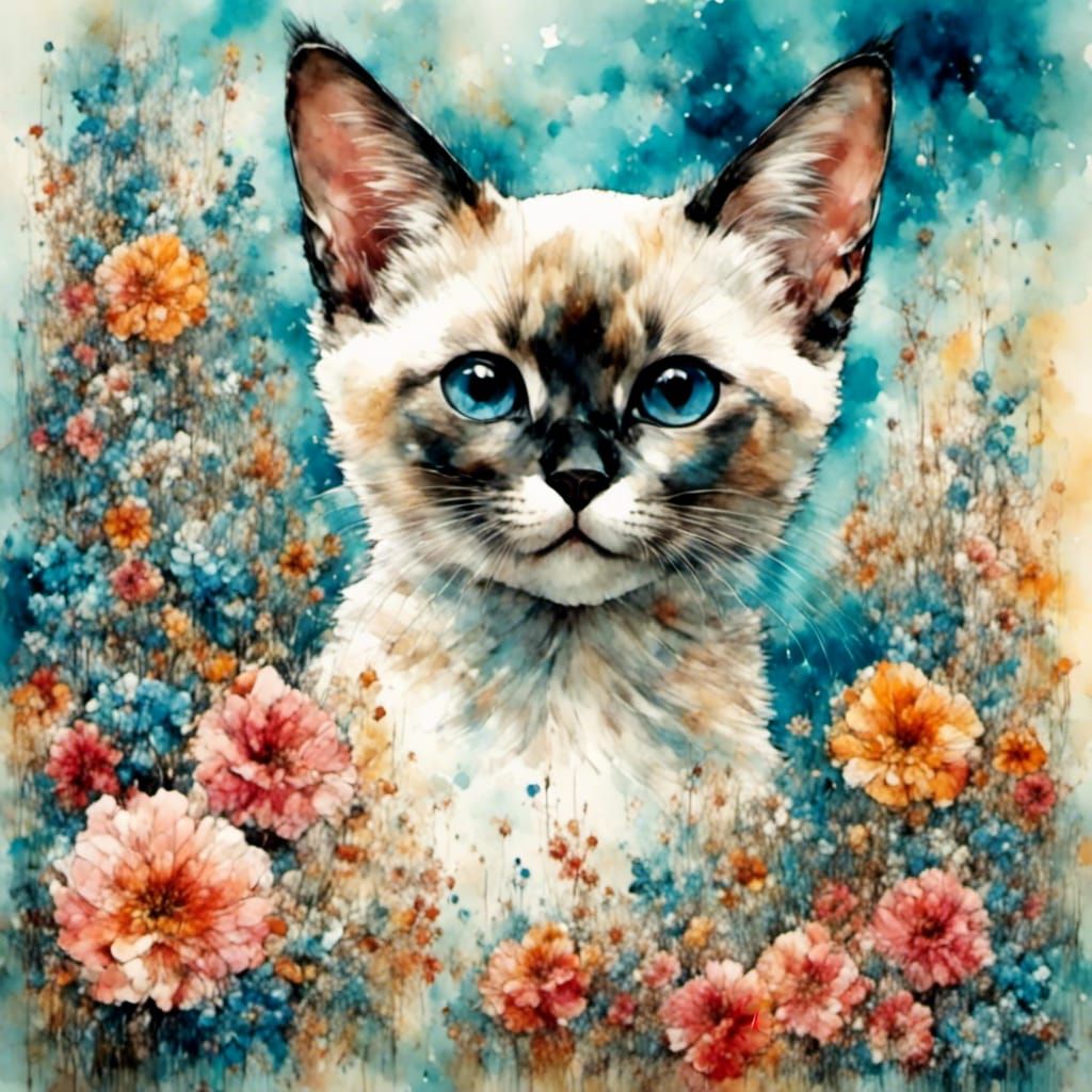 Adorable Siamese Kitten Portrait in Watercolor Style