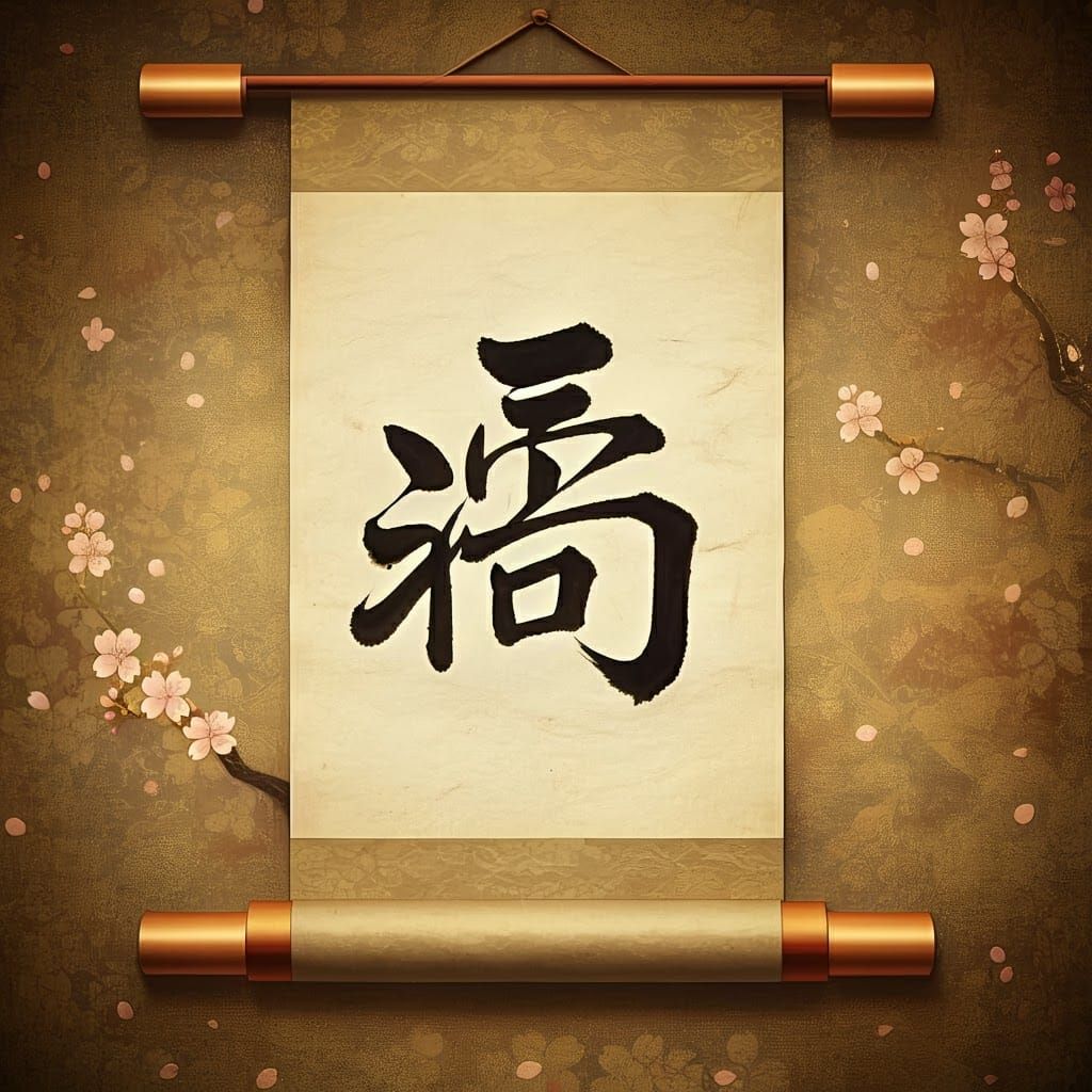 Japanese Scroll with Kanji Character in Oil Painting