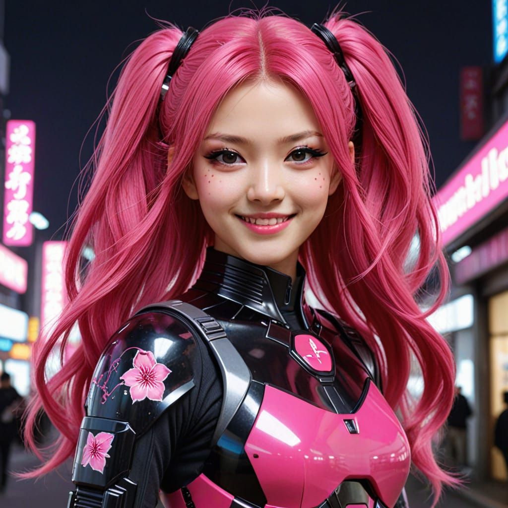 Cyberpunk Sakura Goddess with Neo Tokyo Pop Style Makeup