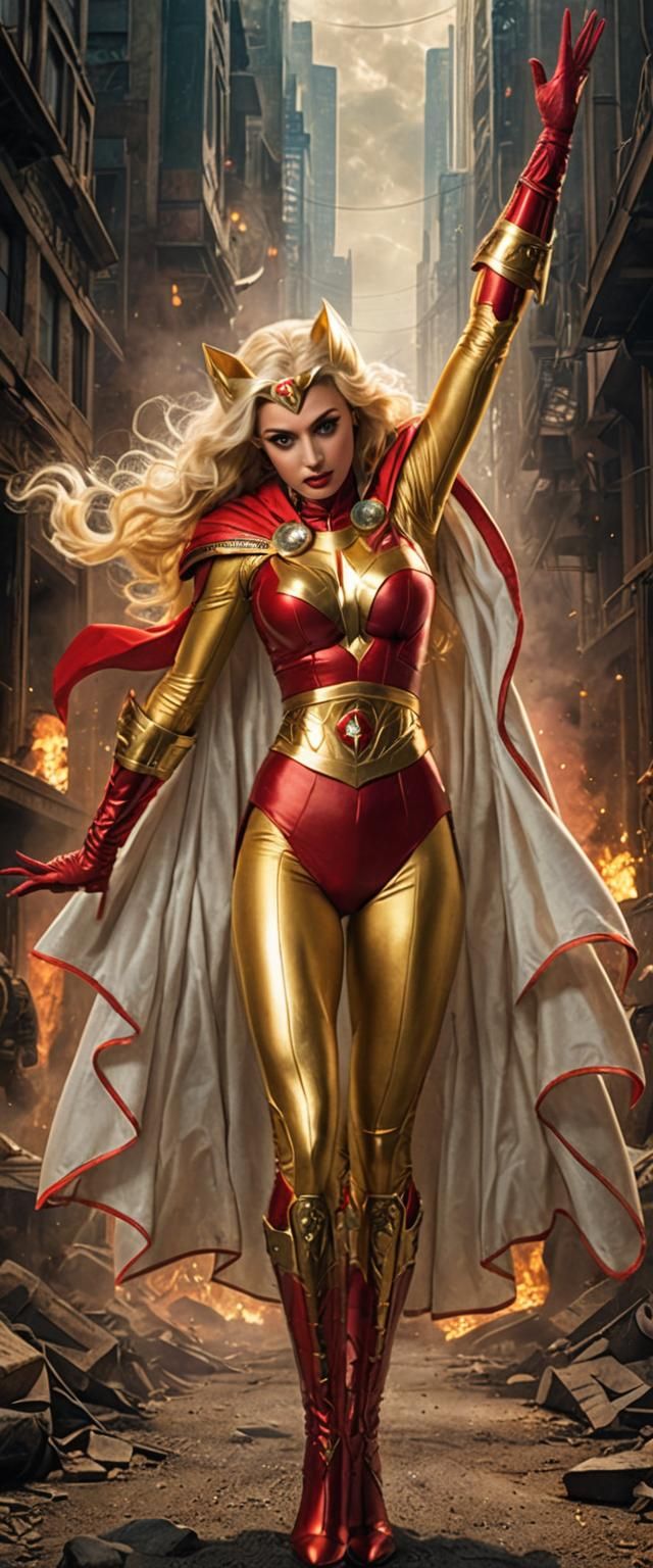 Blonde Superheroine in Red and Gold Attire