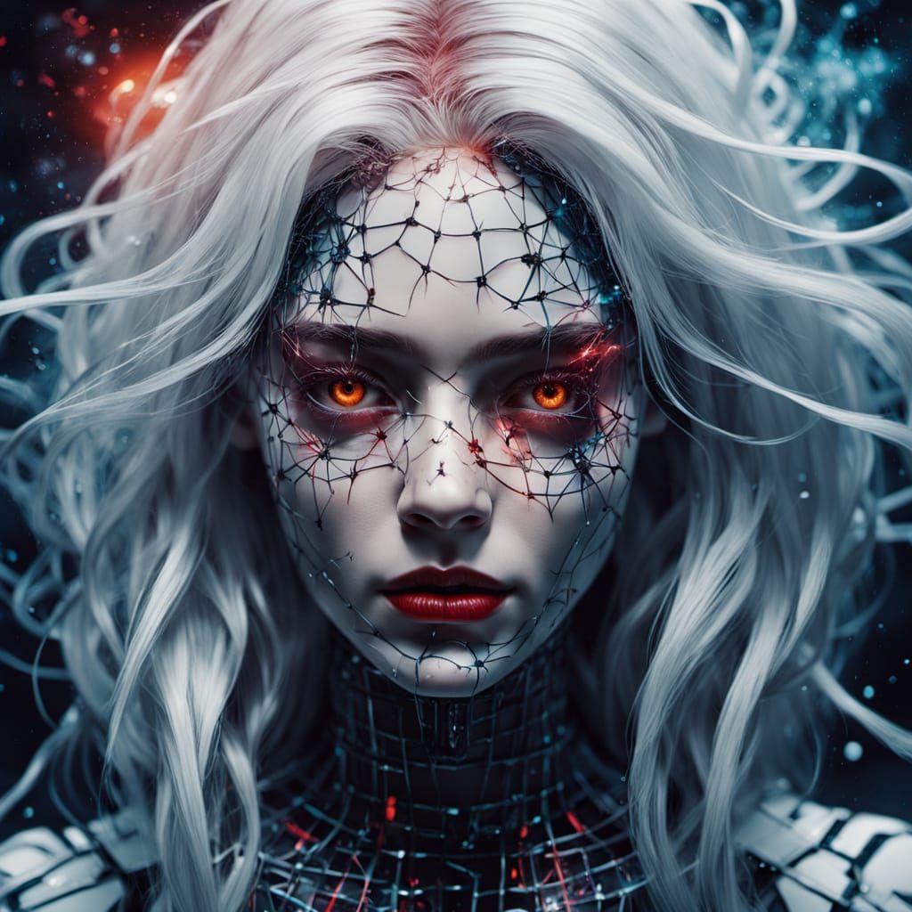 Woman Disintegrating into Glitch Pixels with Spiders