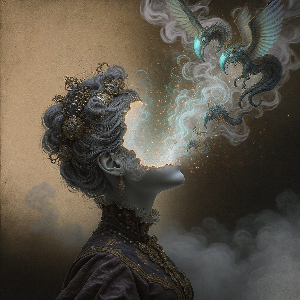Imagine an image in which a woman's head has been cracked open and from the depths of her skull fantasies are rising lik...