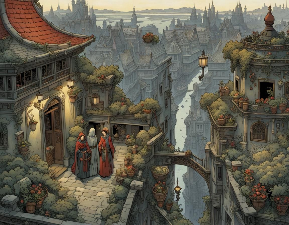 Children Gaze from Rooftop Garden, Intricate Illustration