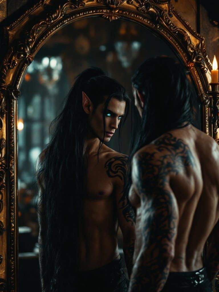 Elegant Elven Warrior Contemplates Reflection in Ancient Inn