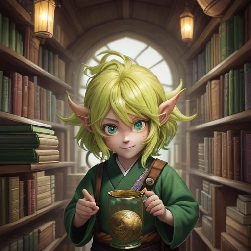Anime Portrait of Young Gnome in Mystical Library