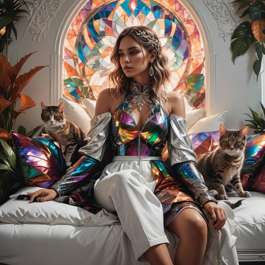Fantasy Woman with Kitten in Rainbow Room