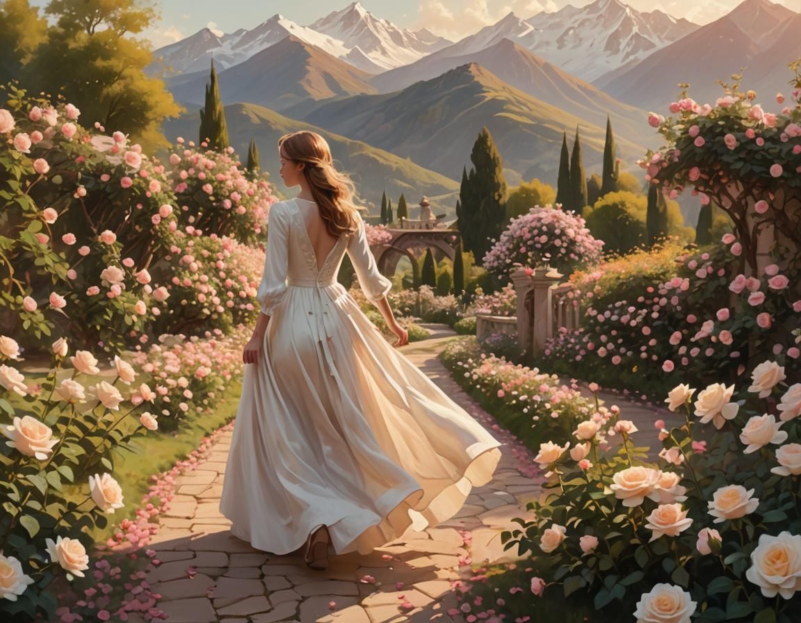 Rose Garden Stroll: Impressionist Style Landscape