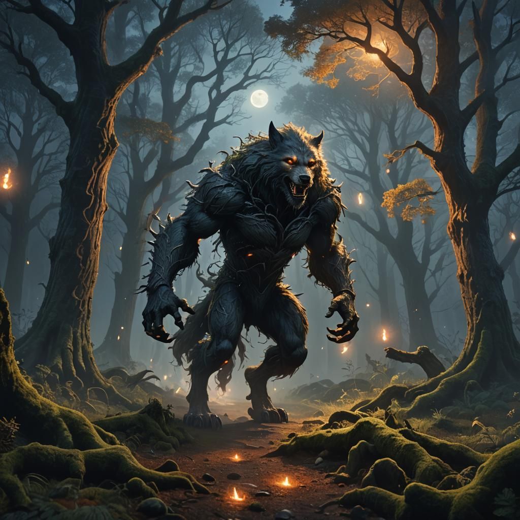 Lycanthrope Runs Through Dark Forest Concept Art