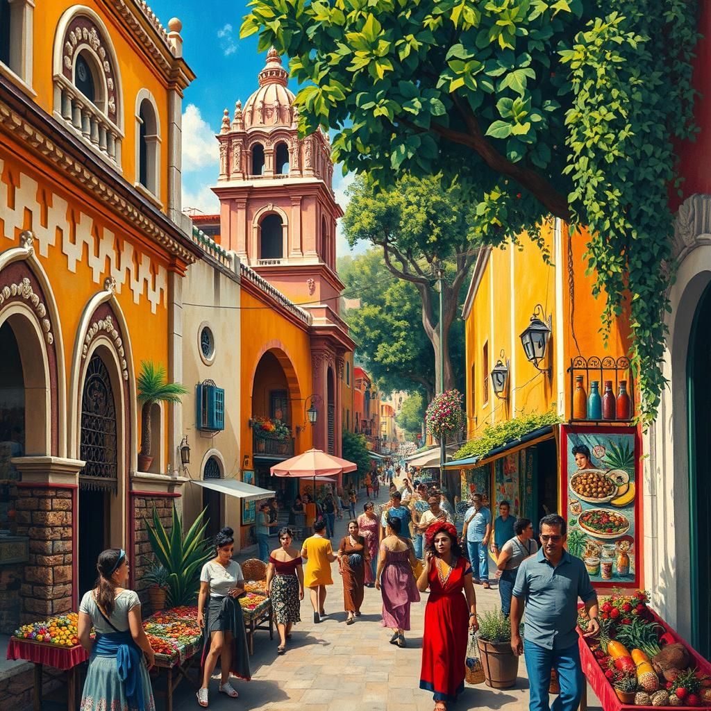 Mexican Street Scene in Muralist Style