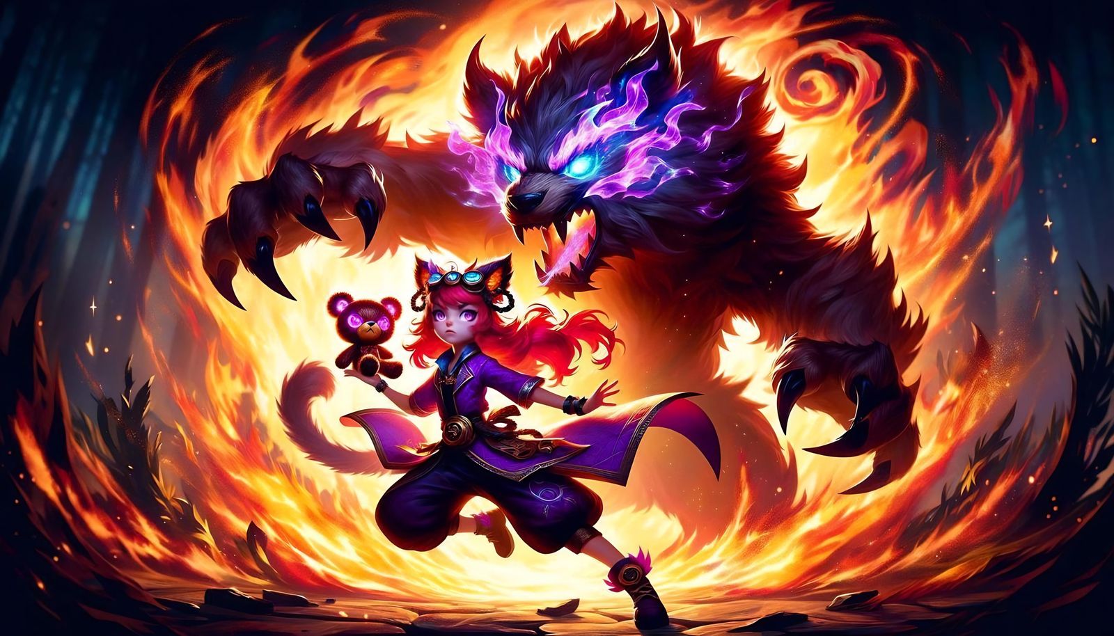 Fiery Warrior Girl with Bear Companion