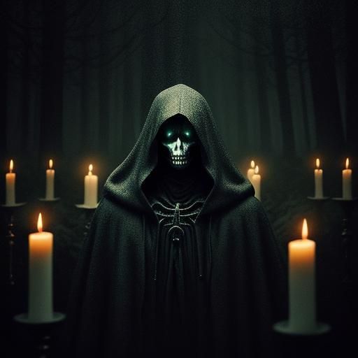 Eerie Hooded Figure in Dark Surrealist Forest