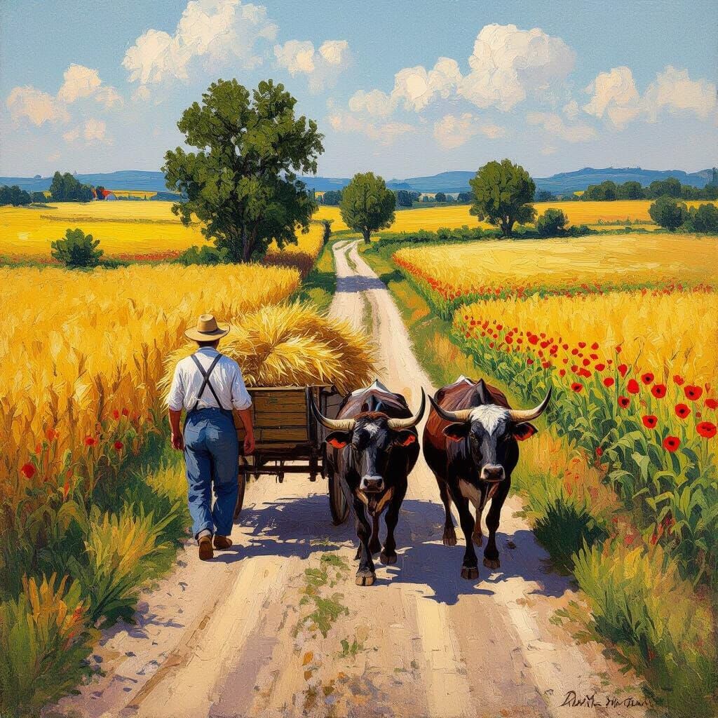 Bucolic Hay Cart Scene with Oxen and Poppies