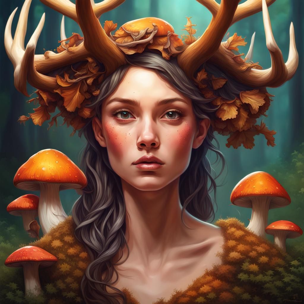 Princess with Antlers and Mushrooms: Hyperrealistic Concept ...