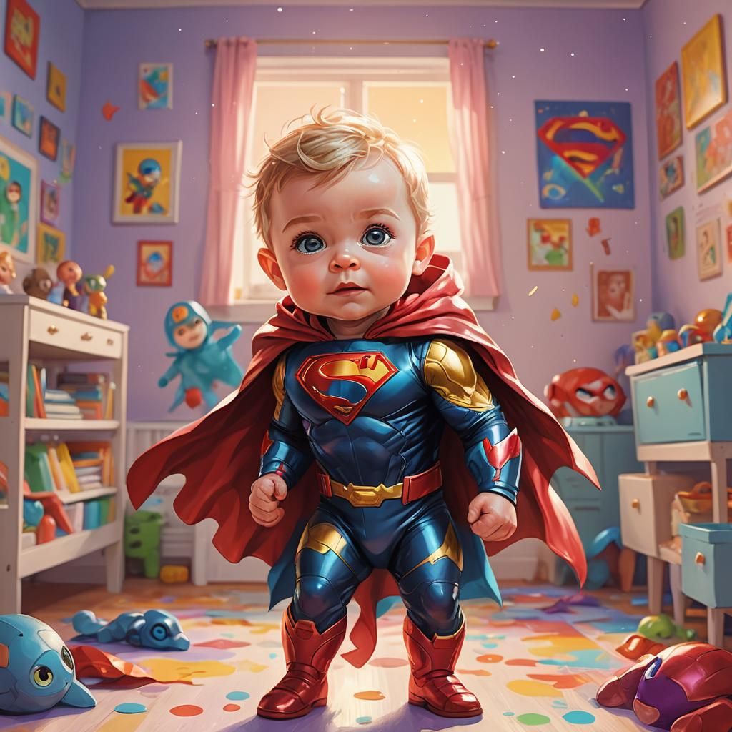 Miniature Baby Superhero in Nursery: Digital Painting