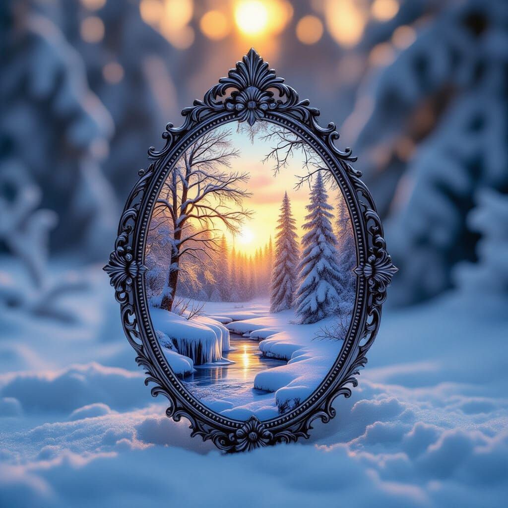 Gothic Mirror Reflects Enchanted Icy Forest