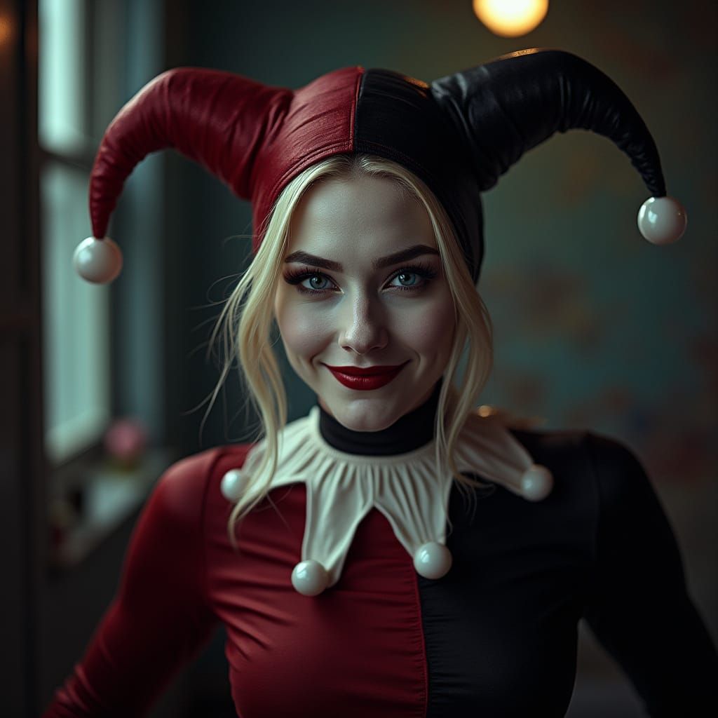 Photorealistic Harley Quinn Portrait in Film Noir Style
