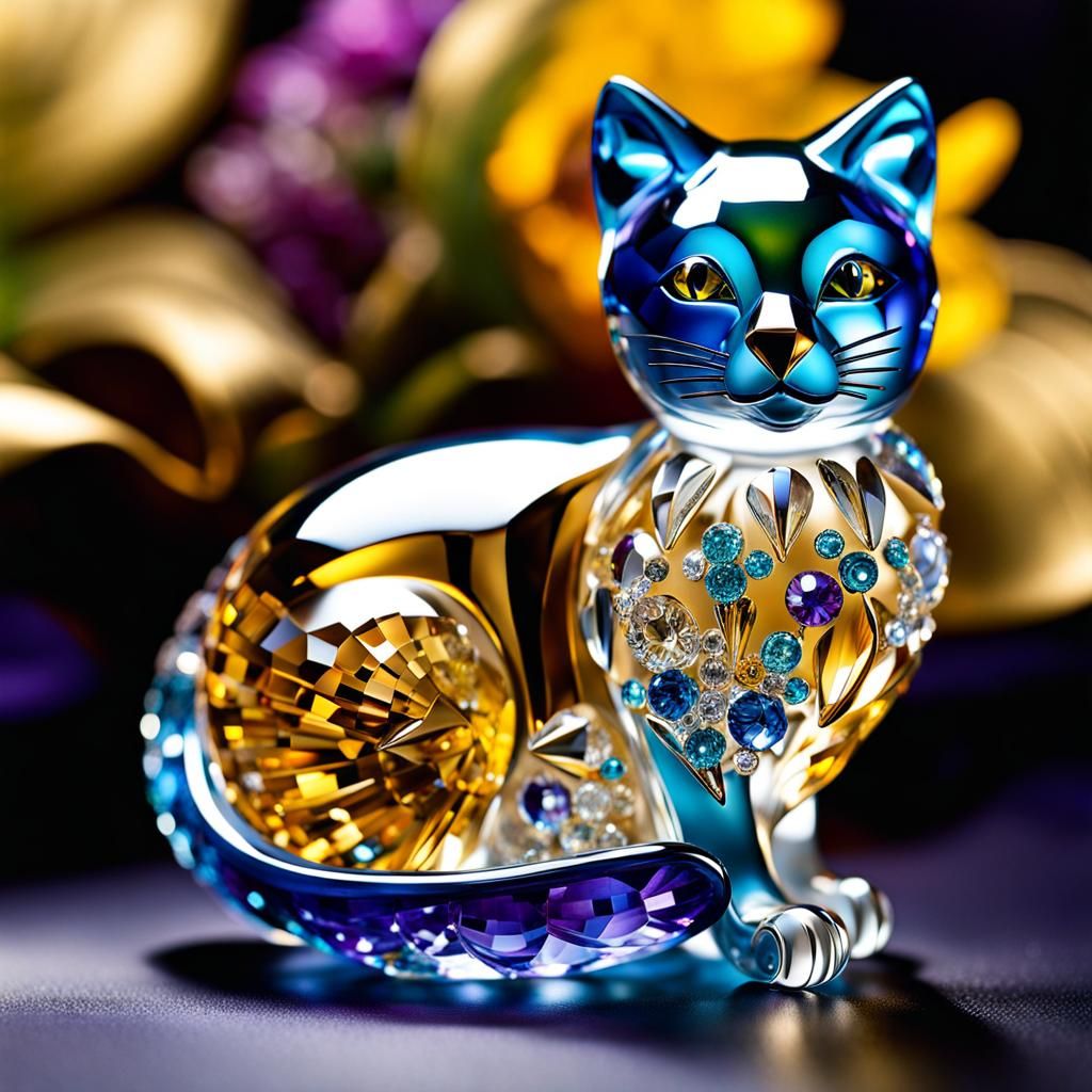 Blown Glass Cat Figurine in Crystal Cubism Style