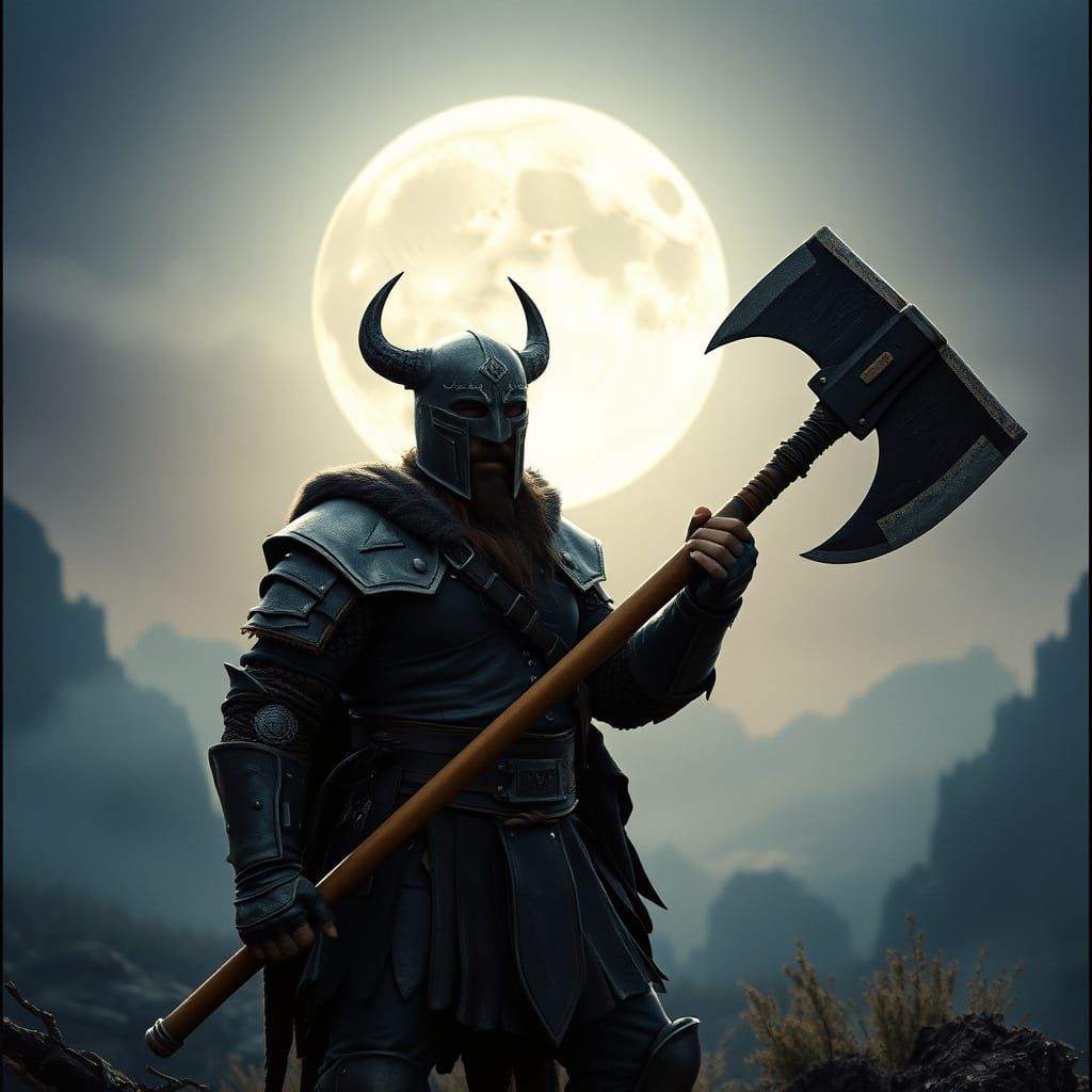 Cancer Barbarian in Moonlit Landscape, Cinematic Film Still