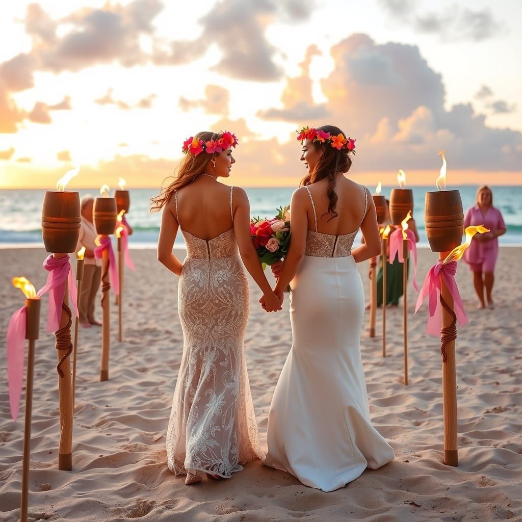 Sunset Beach Wedding with Hawaiian Leis, Digital Art
