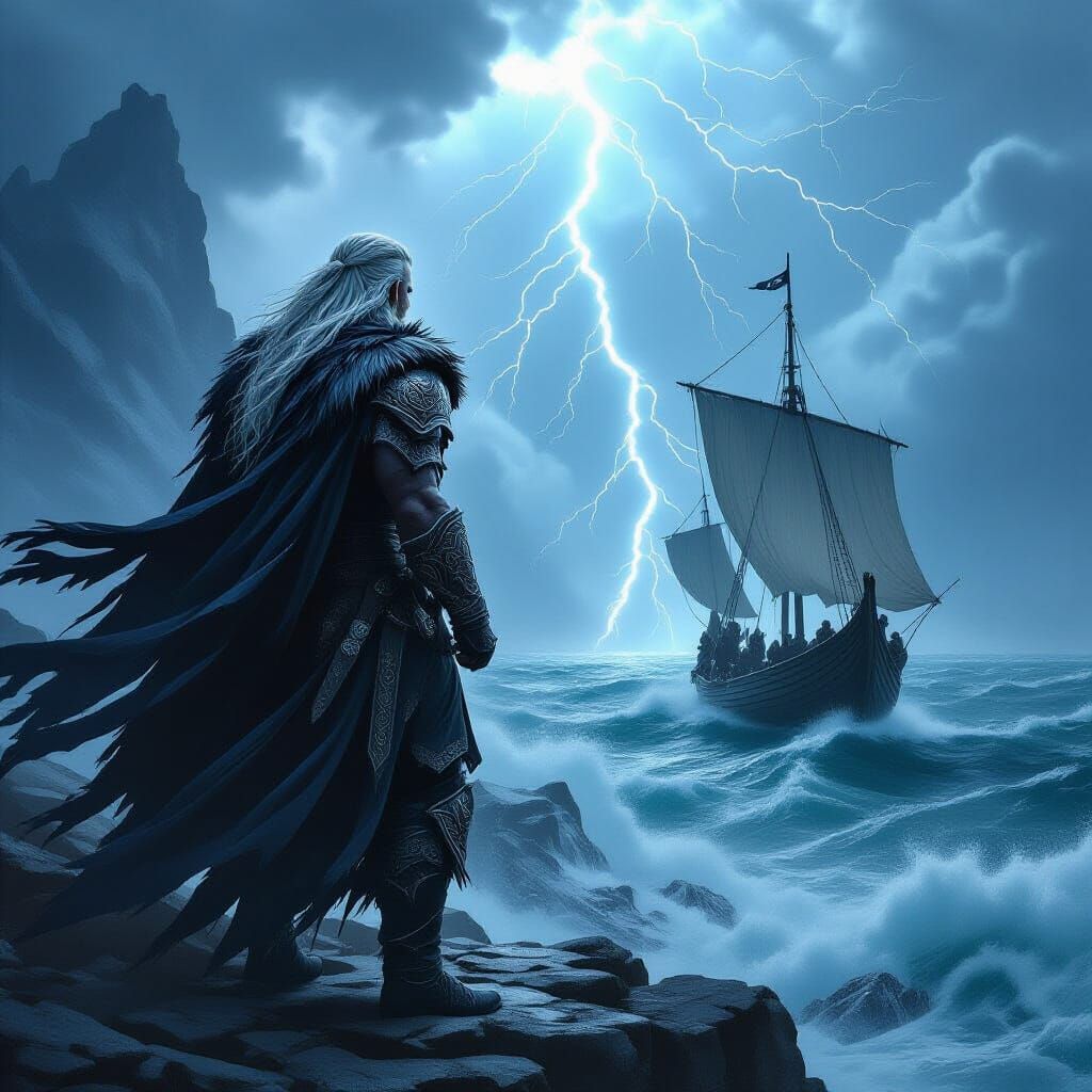 Viking Warrior on Stormy Cliff, Dark Fantasy Art