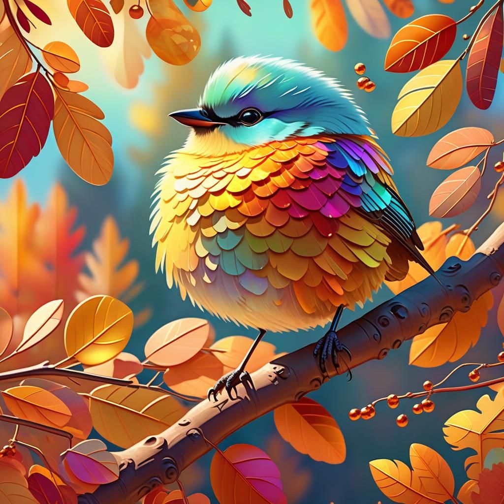 Colorful Fluffy Bird in Autumn Scenery