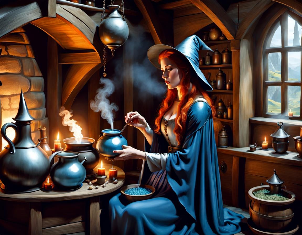 Medieval Witch Brews a Magical Potion
