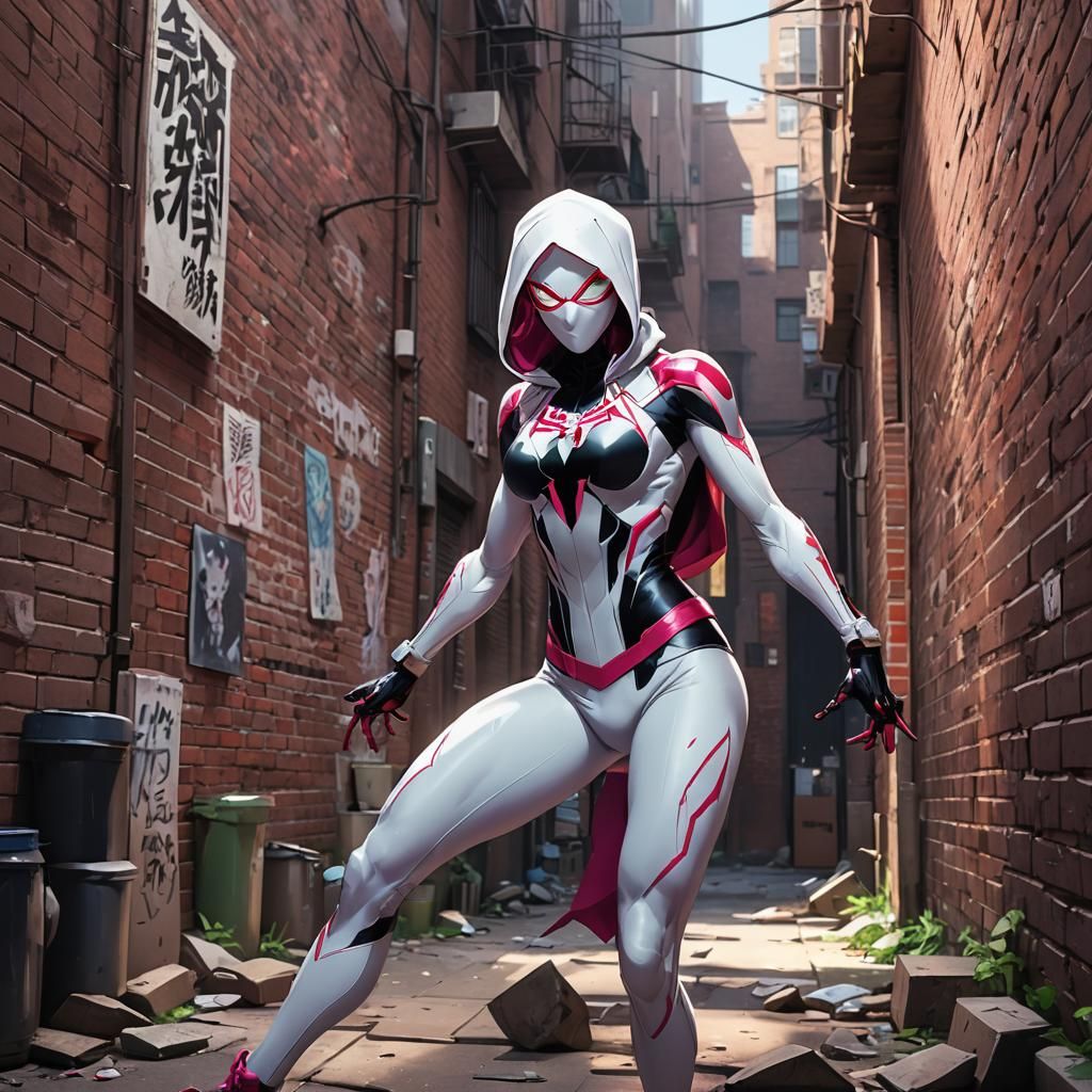 Spider Gwen in Alley: Cel-Shaded Anime Art