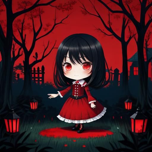 Chibi Girl in Red in Haunted Garden