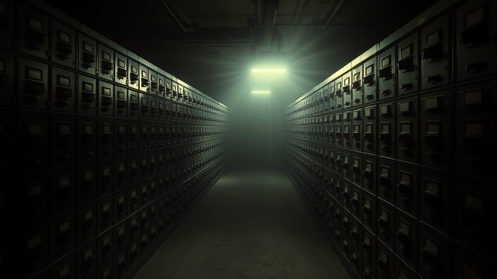 Mysterious Basement Archive with Flickering Flashlight