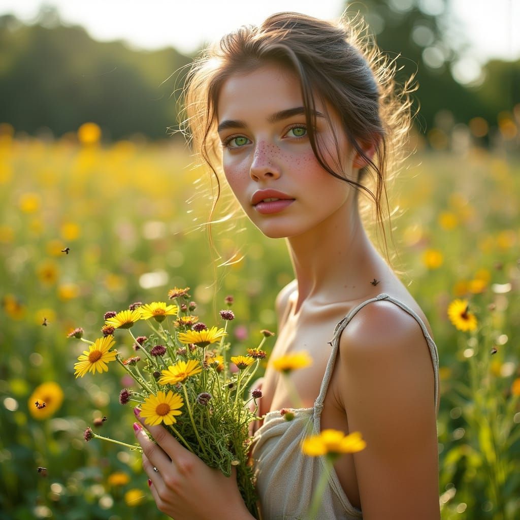 Ethereal Summer Goddess Picks Wildflowers in a Lush Meadow