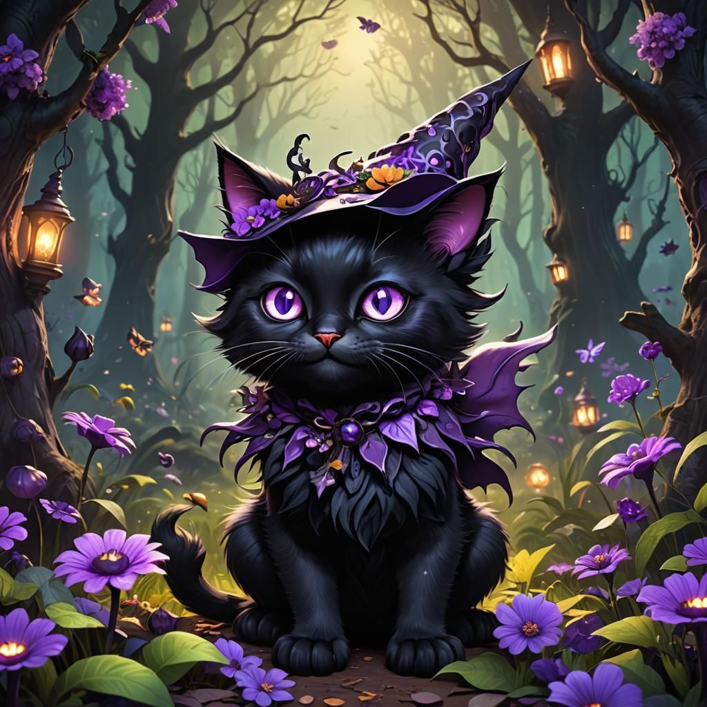 Cute Spooky Cat Witch in Fairytale Forest