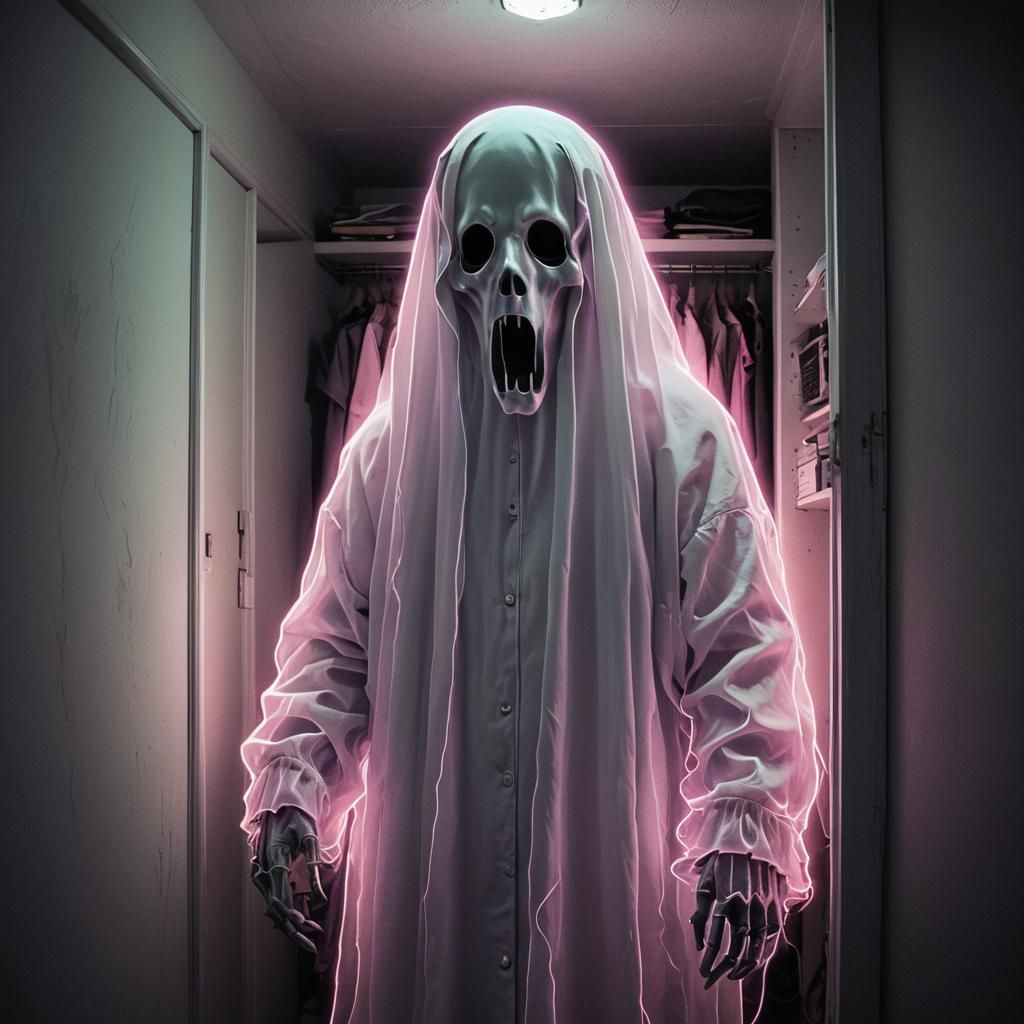 Glowing Neon Horror Ghost in a Dark Closet