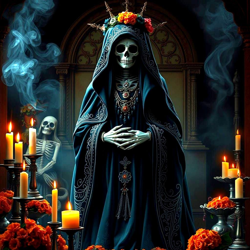 Mysterious Santa Muerte Figure in a Dark Mexican Folk Art St...