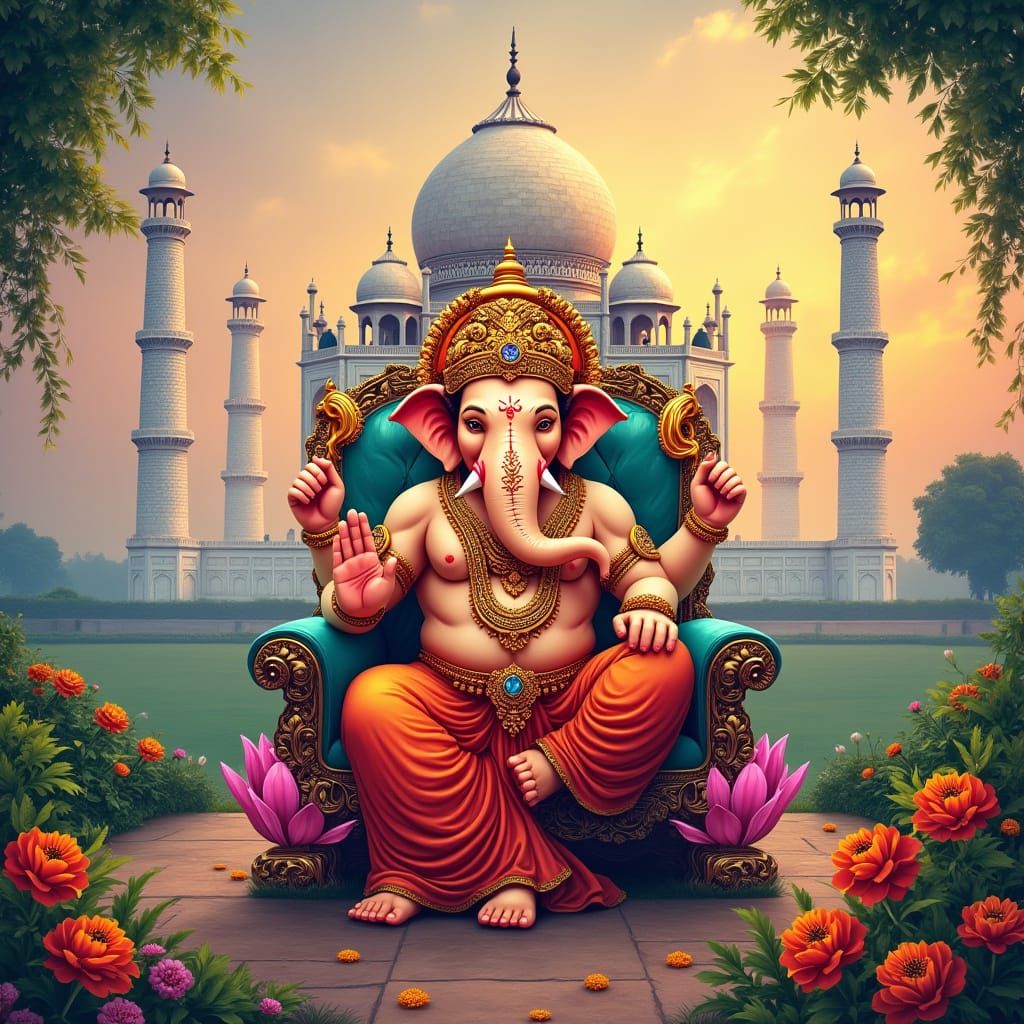 Lord Ganesha in Vibrant Color, Taj Mahal at Sunset