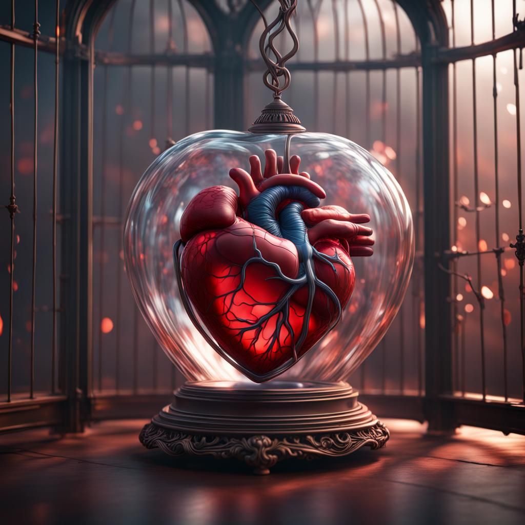 Hyperrealistic Heart in Glass Cage: Detailed Matte Painting