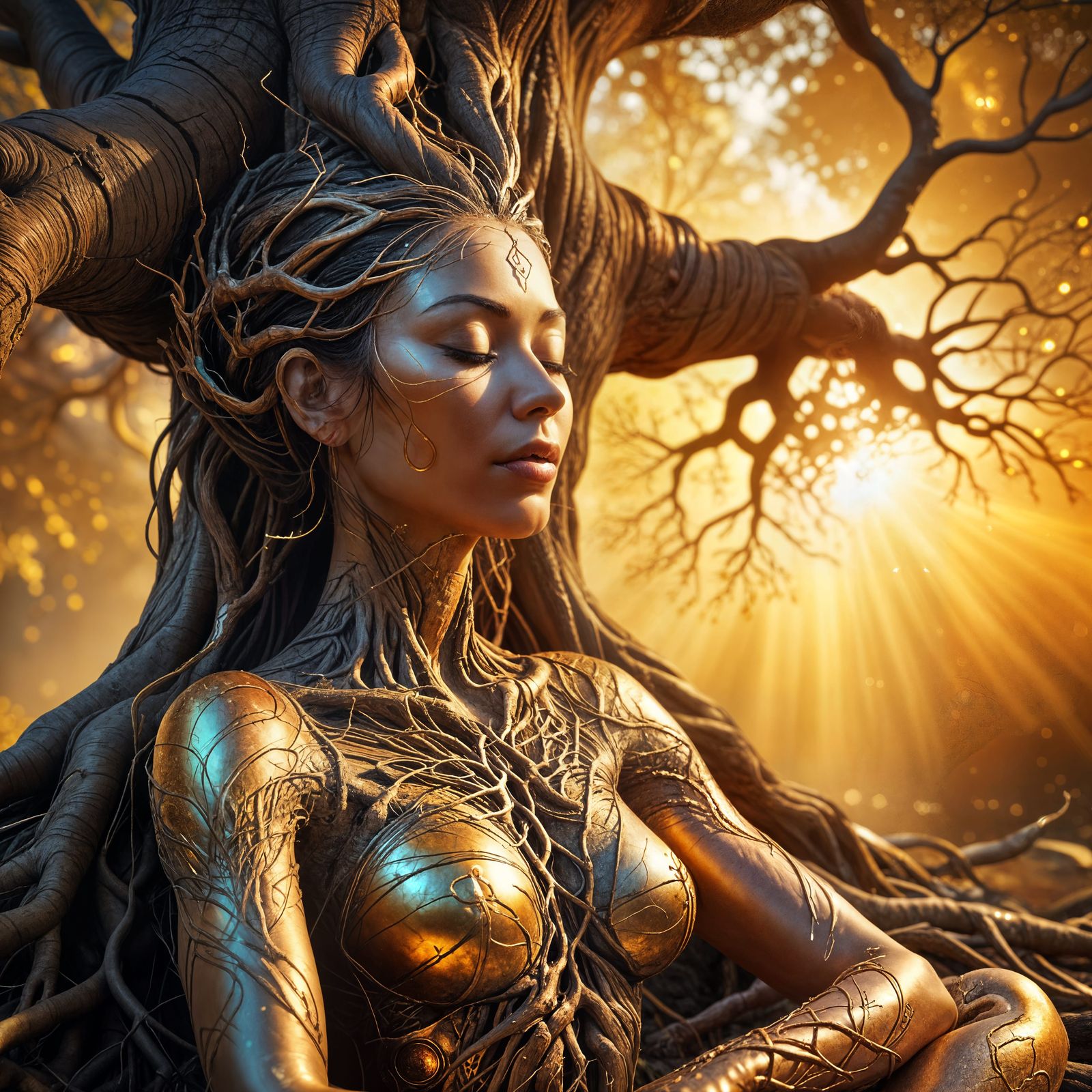 Meditative Woman Rooted to Chakra Tree