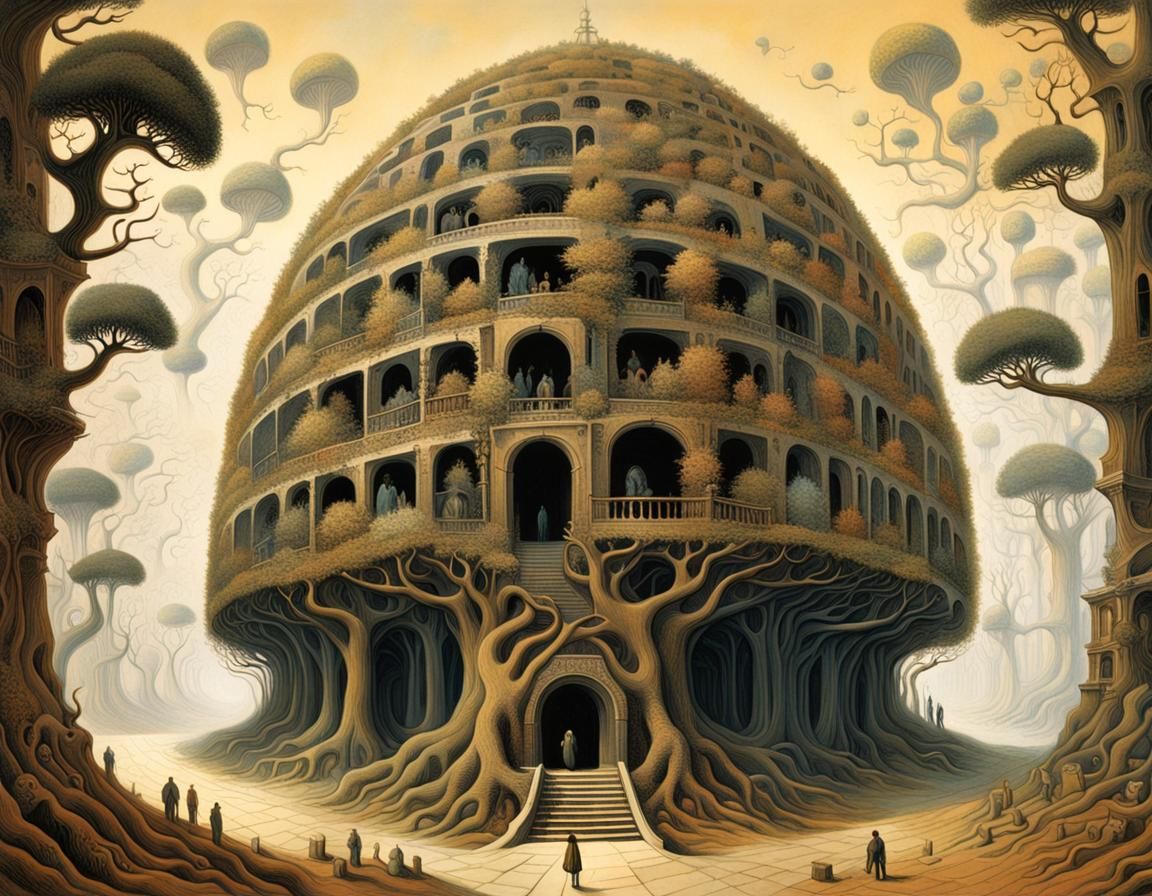 Surreal Tree Structure with Architectural Elements