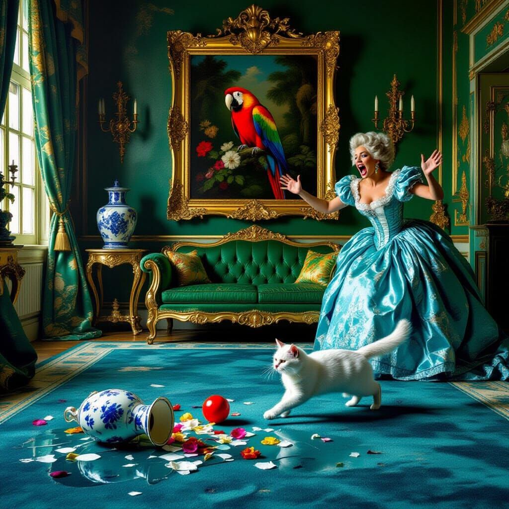 Baroque Cat Chaos: Oil Painting of a Furious Woman and Parro...