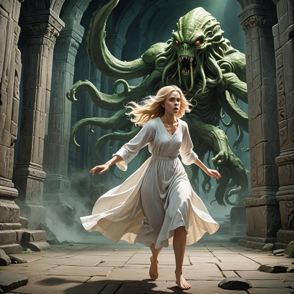Girl Running From Monster in Temple