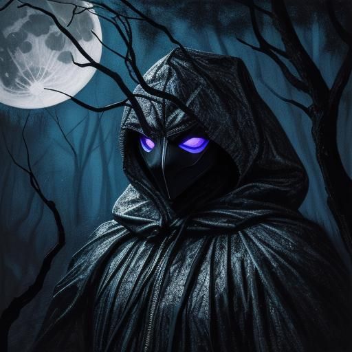 Surreal Masked Figure in Dark Forest Oil Painting