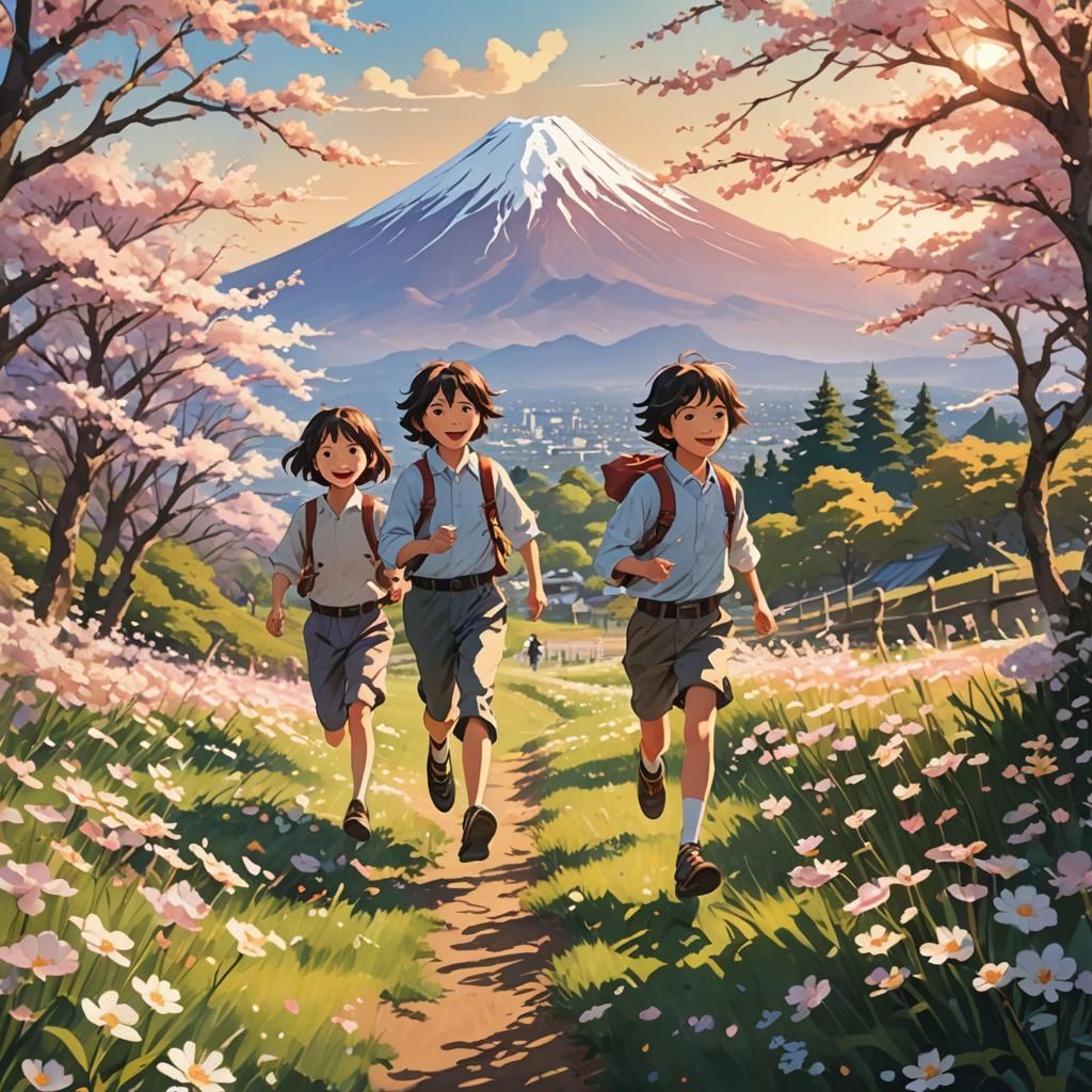 Children Run to Mount Fuji: Anime-Inspired Art