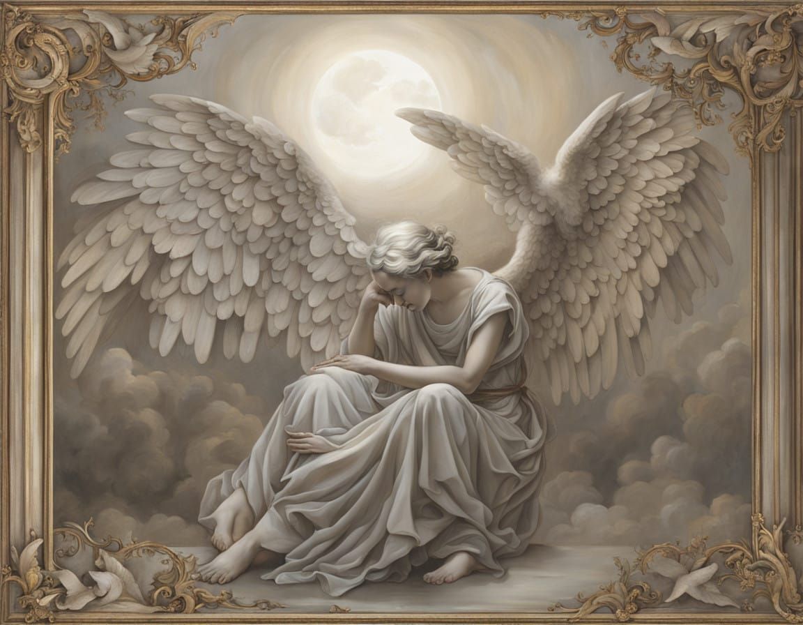 Sorrowful Baroque Angel in Golden Curls Prays Amidst Roses