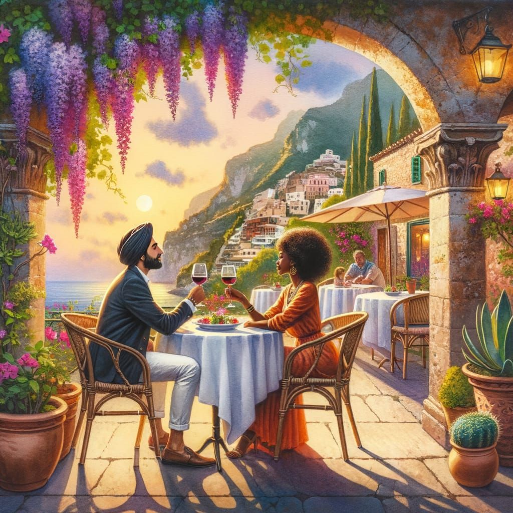 Romantic Couple in Italy: Watercolor Sunset Illustration