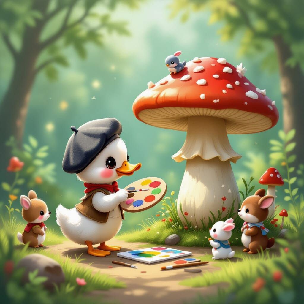 Anthropomorphic Duck Artist Painting on Giant Mushroom