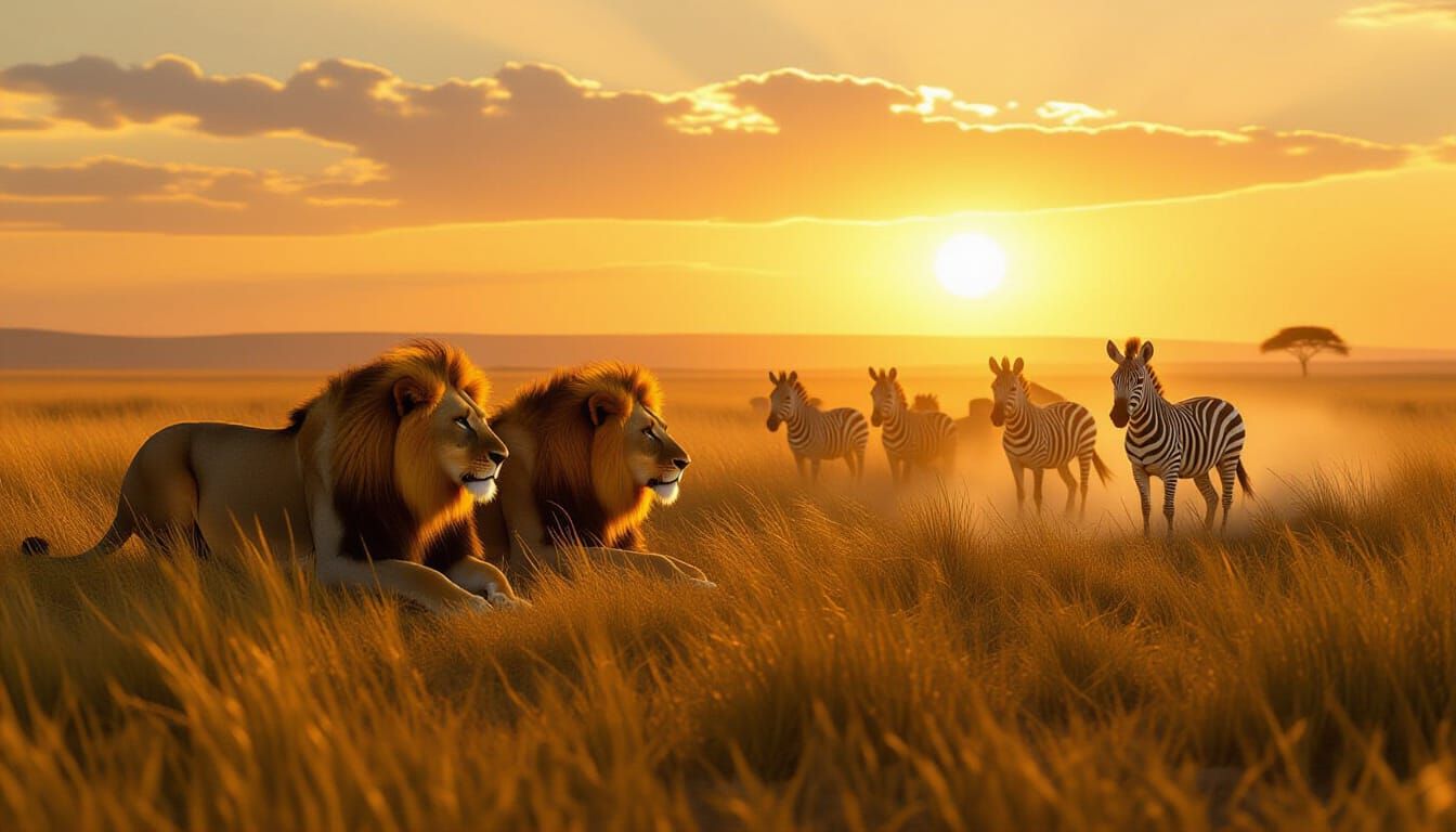Lions Emerge in Golden Hour Savanna, Hyper-Detailed Digital ...