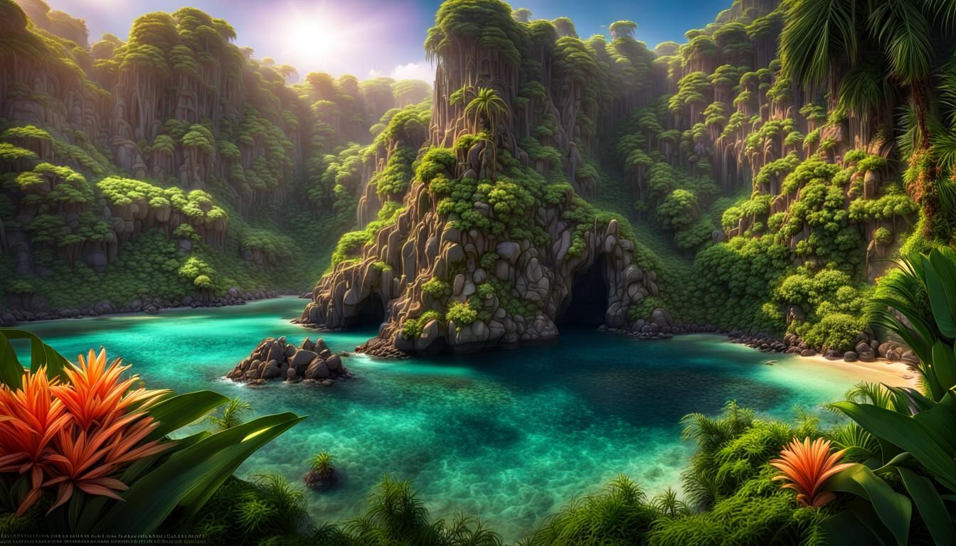 Photorealistic Hidden Island Oasis with Secret Cove